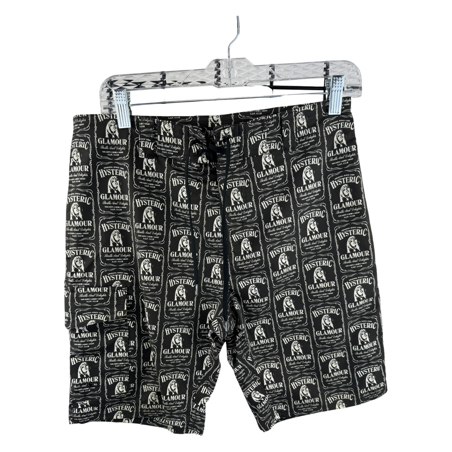 Hysteric Glamour 'Naughty Ladies Night V.I.P. Club' All-Over Print Shorts — Whiskey Label Print