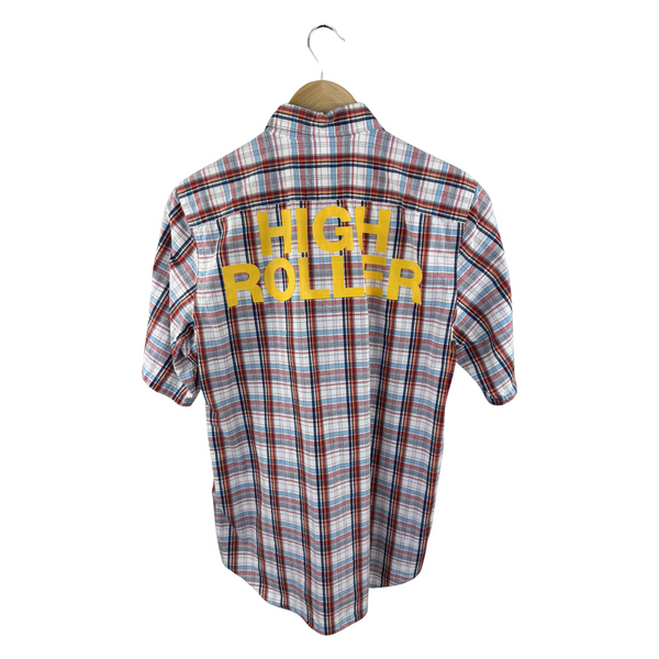Junya Watanabe MAN CDG Short-Sleeve Shirt — Green/Yellow Plaid with Clover Graphic