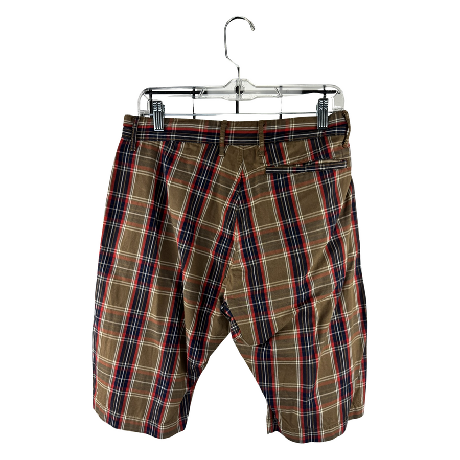 Kapital Plaid Cotton Shorts — Olive/Red/Navy Tartan with Drawstring Waist