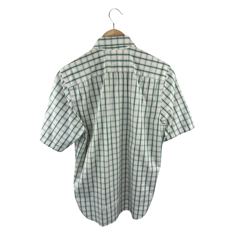 Junya Watanabe MAN CDG Short-Sleeve Shirt — Green/Yellow Plaid with Clover Graphic