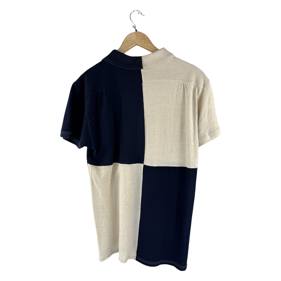 Kapital Two-Tone Piqué Polo — Harlequin Block Navy/Ecru with Anchor Embroidery