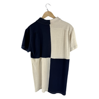 Kapital Two-Tone Piqué Polo — Harlequin Block Navy/Ecru with Anchor Embroidery