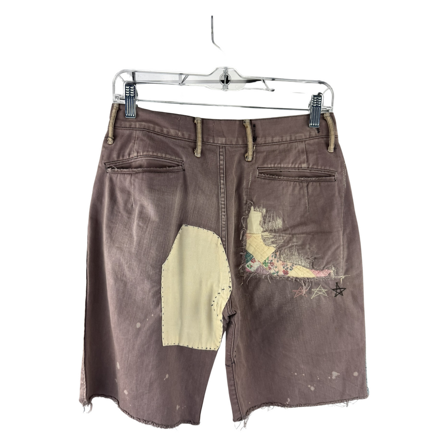 Kapital Kountry Boro Patchwork Denim Cut-Off Shorts — Overdyed Brown