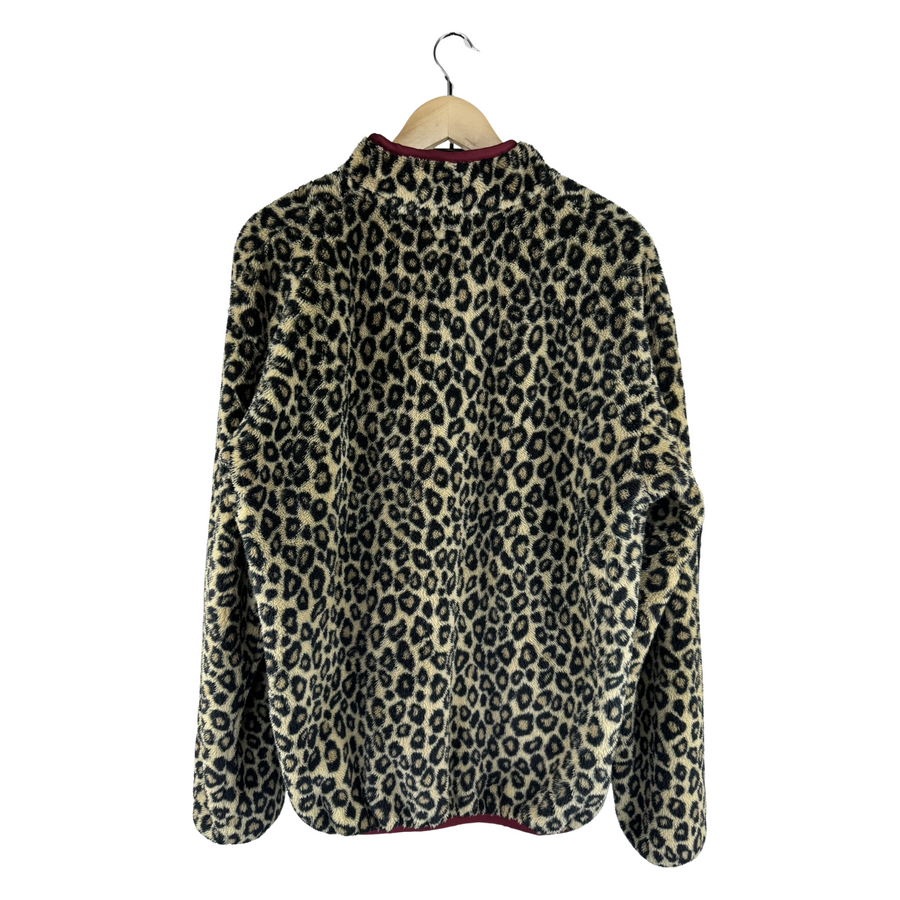 Needles Sportswear Leopard Boa Fleece Pullover — Burgundy Trim & Jacquard Placket