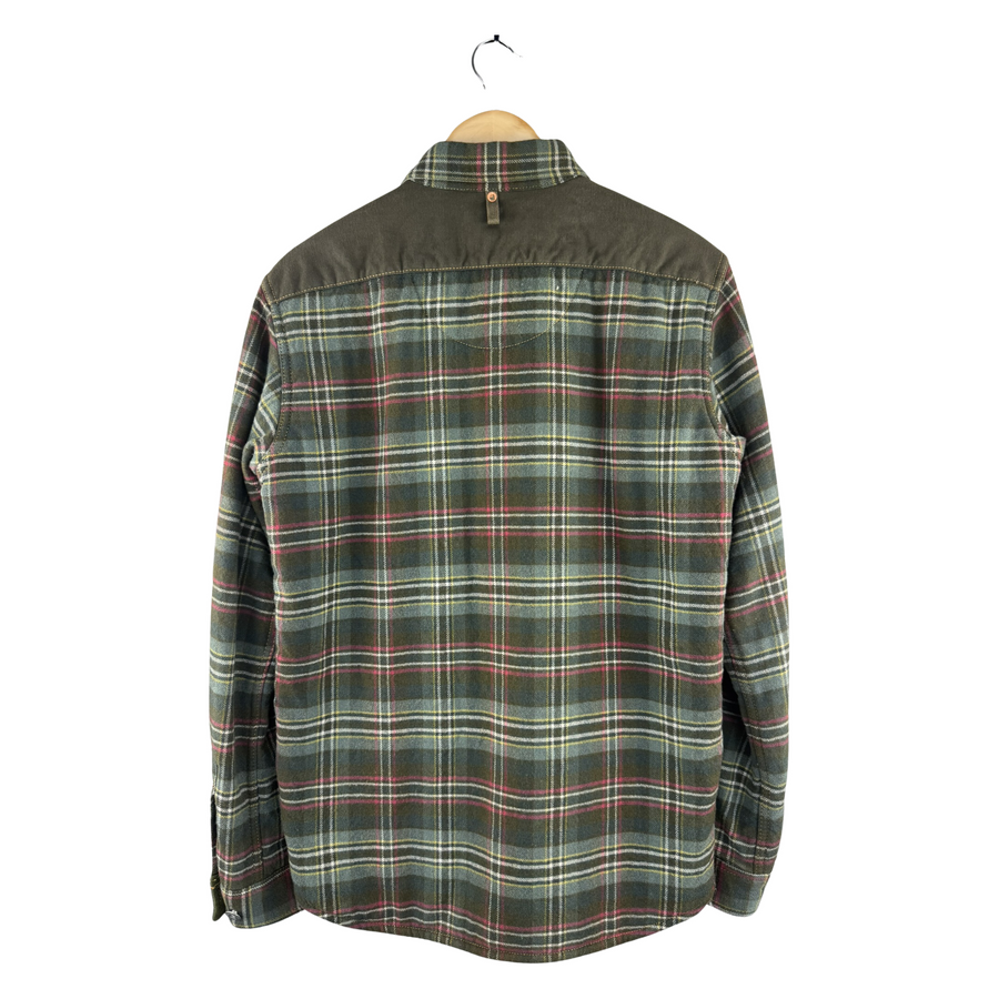 Junya Watanabe MAN Wool Flannel Plaid Overshirt — Contrast Yoke, Olive/Pink