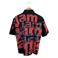 Junya Watanabe MAN Tartan Appliqué Text Shirt — Black Cotton / Royal Stewart Cutout
