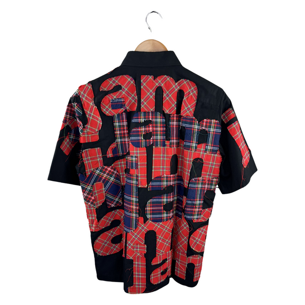 Junya Watanabe MAN Tartan Appliqué Text Shirt — Black Cotton / Royal Stewart Cutout