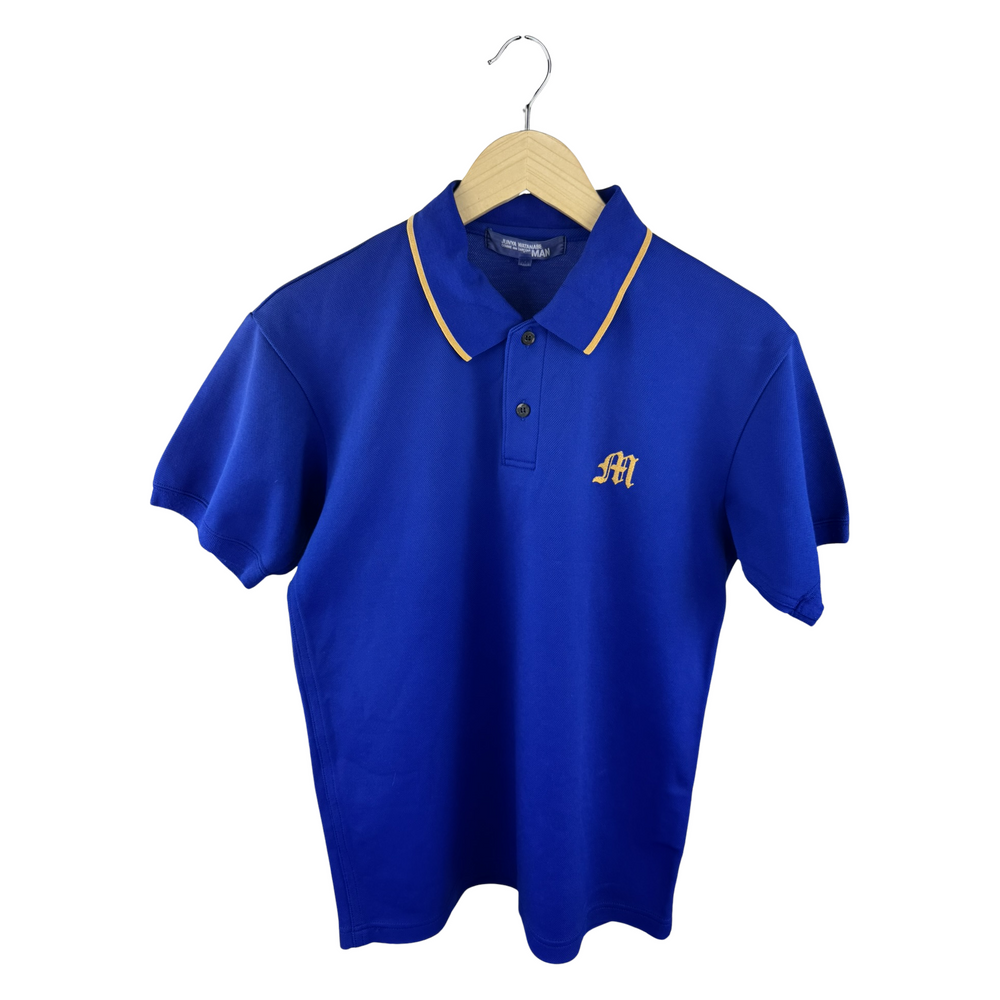 Junya Watanabe MAN Polo Shirt — Royal Blue Piqué with Gold Tipping & Old English M Embroidery