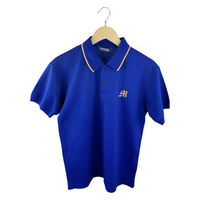 Junya Watanabe MAN Polo Shirt — Royal Blue Piqué with Gold Tipping & Old English M Embroidery