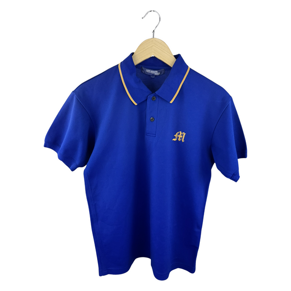 Junya Watanabe MAN Polo Shirt — Royal Blue Piqué with Gold Tipping & Old English M Embroidery