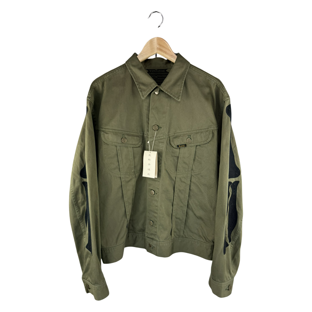 Kapital Kountry Trucker Jacket — Skeleton Rib Cage Appliqué, Olive