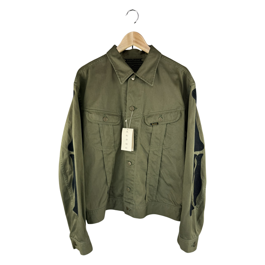 Kapital Kountry Trucker Jacket — Skeleton Rib Cage Appliqué, Olive