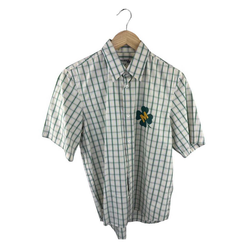 Junya Watanabe MAN CDG Short-Sleeve Shirt — Green/Yellow Plaid with Clover Graphic