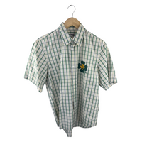 Junya Watanabe MAN CDG Short-Sleeve Shirt — Green/Yellow Plaid with Clover Graphic