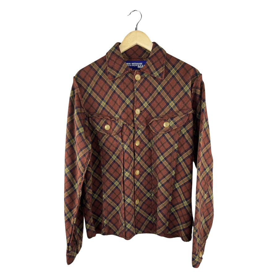 Junya Watanabe MAN Bias-Cut Plaid Flannel Shirt Jacket — Rust/Olive/Navy