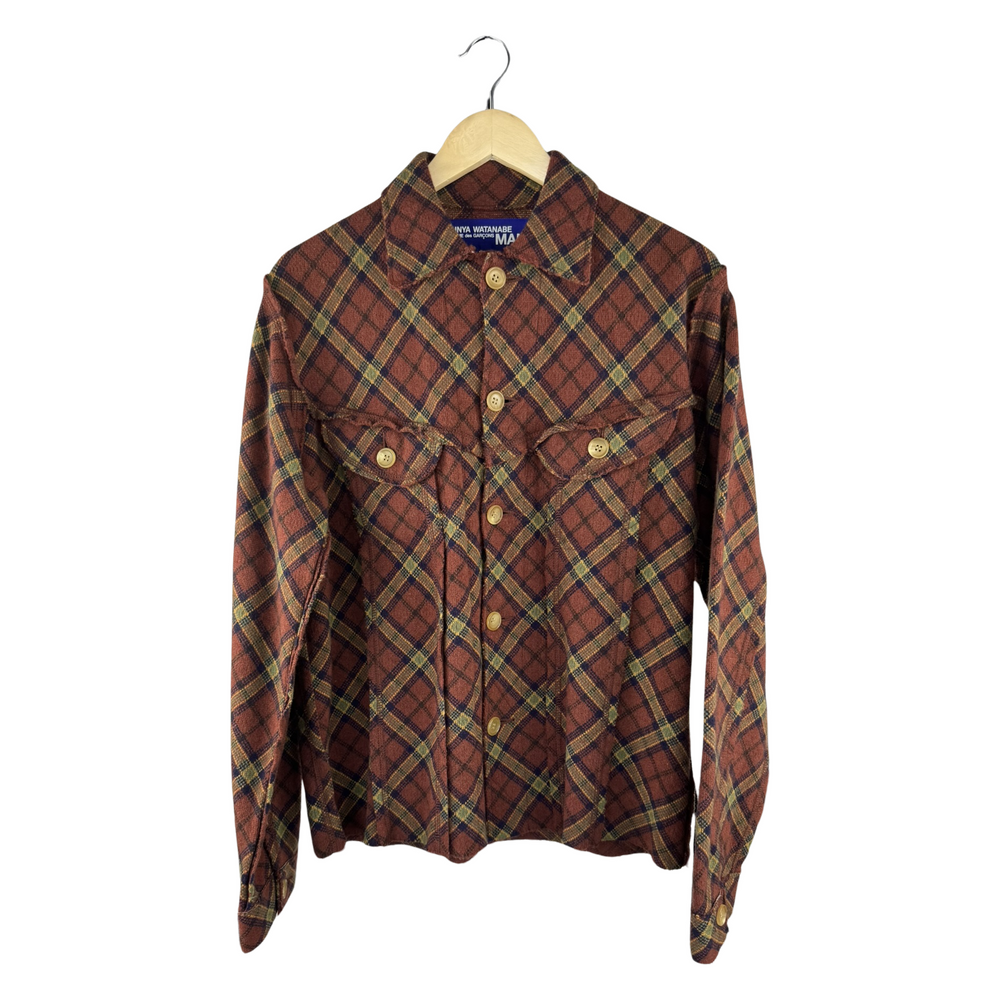 Junya Watanabe MAN Bias-Cut Plaid Flannel Shirt Jacket — Rust/Olive/Navy