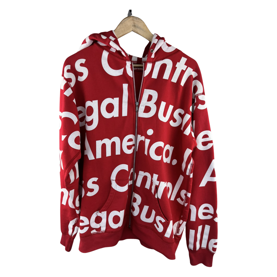 Supreme FW08 'Illegal Business Controls America' Zip Hoodie — Red Allover Print
