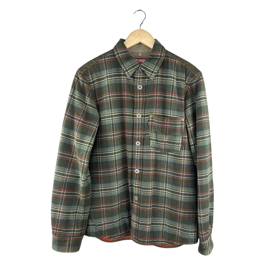 Junya Watanabe MAN Wool Flannel Plaid Overshirt — Contrast Yoke, Olive/Pink