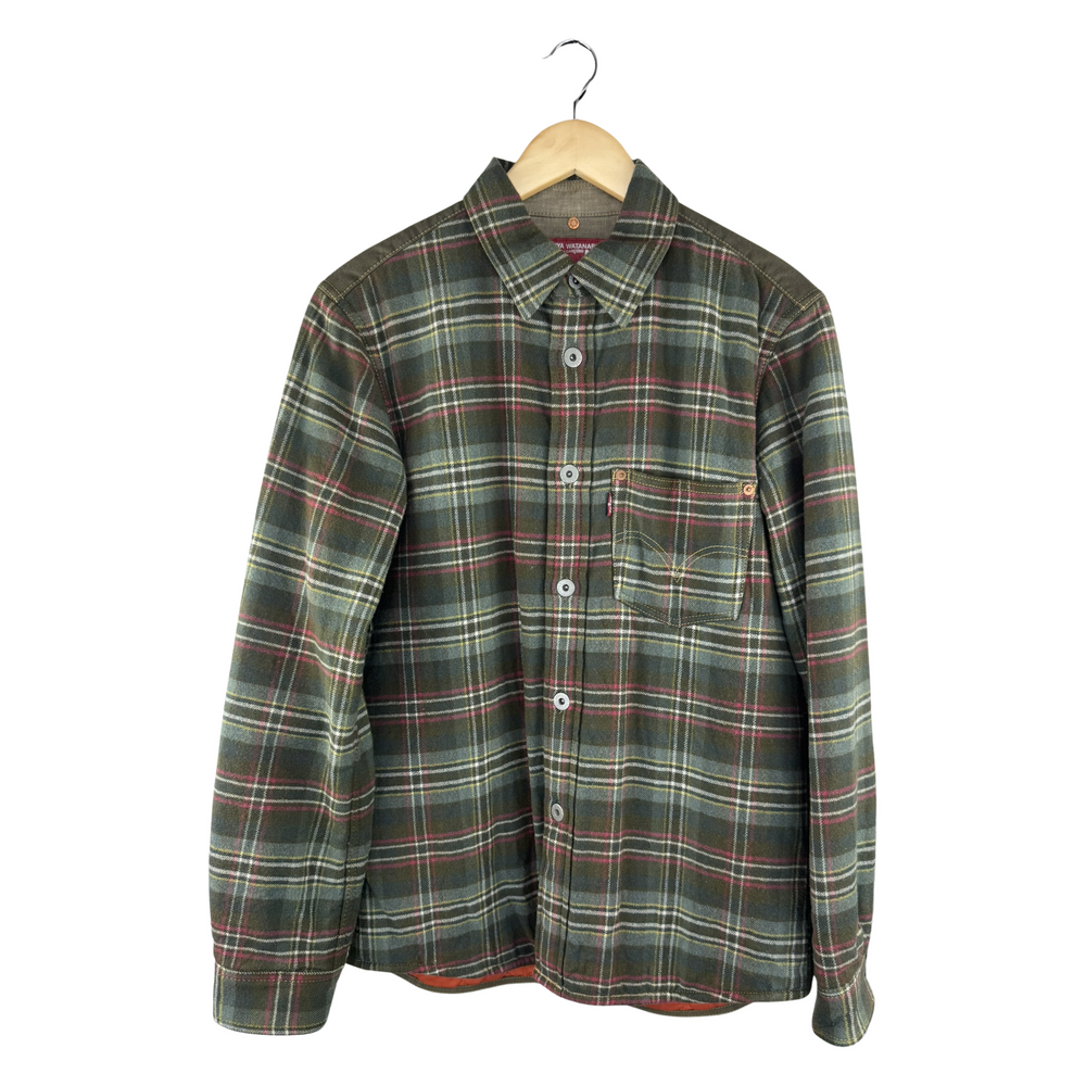 Junya Watanabe MAN Wool Flannel Plaid Overshirt — Contrast Yoke, Olive/Pink