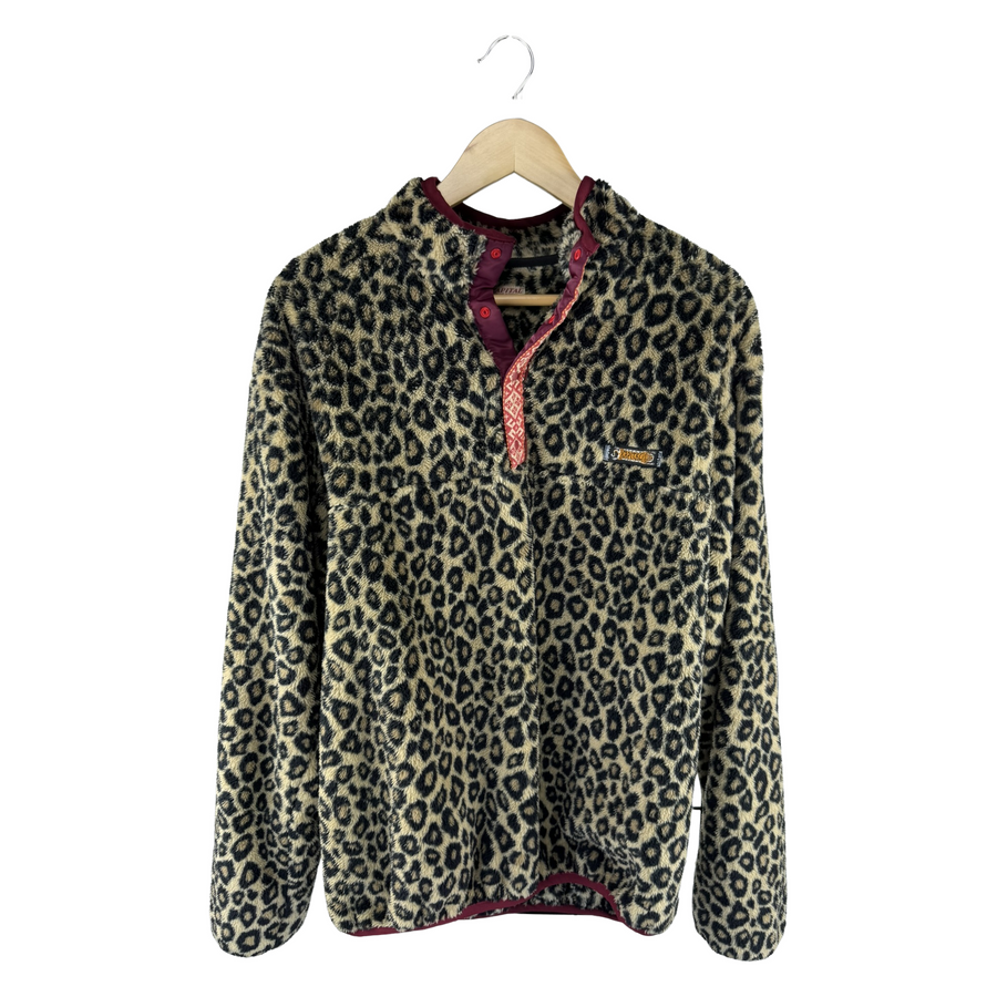 Needles Sportswear Leopard Boa Fleece Pullover — Burgundy Trim & Jacquard Placket