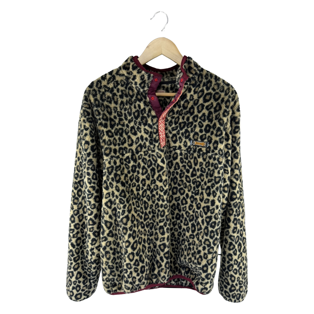 Needles Sportswear Leopard Boa Fleece Pullover — Burgundy Trim & Jacquard Placket