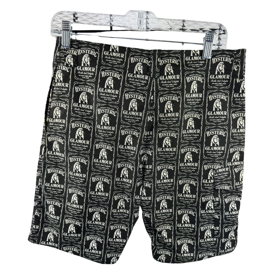 Hysteric Glamour 'Naughty Ladies Night V.I.P. Club' All-Over Print Shorts — Whiskey Label Print