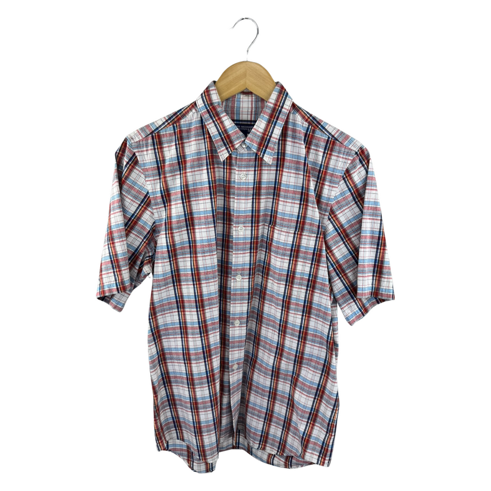 Junya Watanabe MAN CDG Short-Sleeve Shirt — Green/Yellow Plaid with Clover Graphic