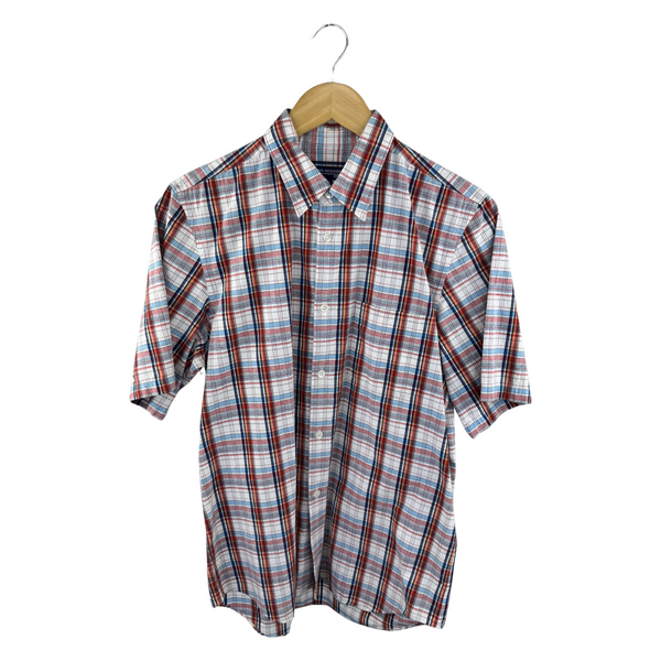 Junya Watanabe MAN CDG Short-Sleeve Shirt — Green/Yellow Plaid with Clover Graphic