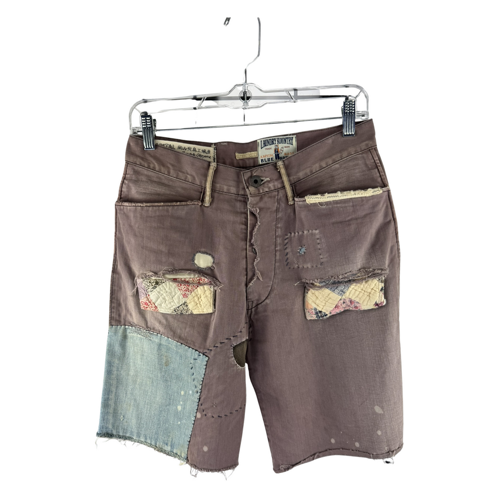 Kapital Kountry Boro Patchwork Denim Cut-Off Shorts — Overdyed Brown