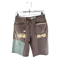 Kapital Kountry Boro Patchwork Denim Cut-Off Shorts — Overdyed Brown