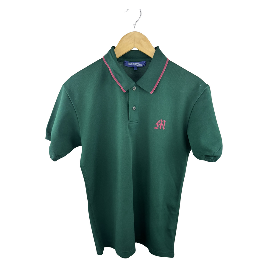 Junya Watanabe MAN Polo Shirt — Forest Green / Pink Tipped Collar & JW Embroidery