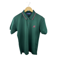 Junya Watanabe MAN Polo Shirt — Forest Green / Pink Tipped Collar & JW Embroidery