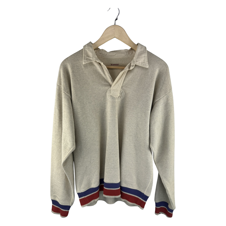 Kapital Rugby Pullover Sweatshirt — '89' Back Print, Tri-Stripe Rib
