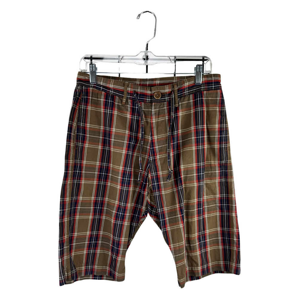 Kapital Plaid Cotton Shorts — Olive/Red/Navy Tartan with Drawstring Waist