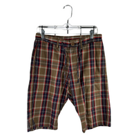 Kapital Plaid Cotton Shorts — Olive/Red/Navy Tartan with Drawstring Waist