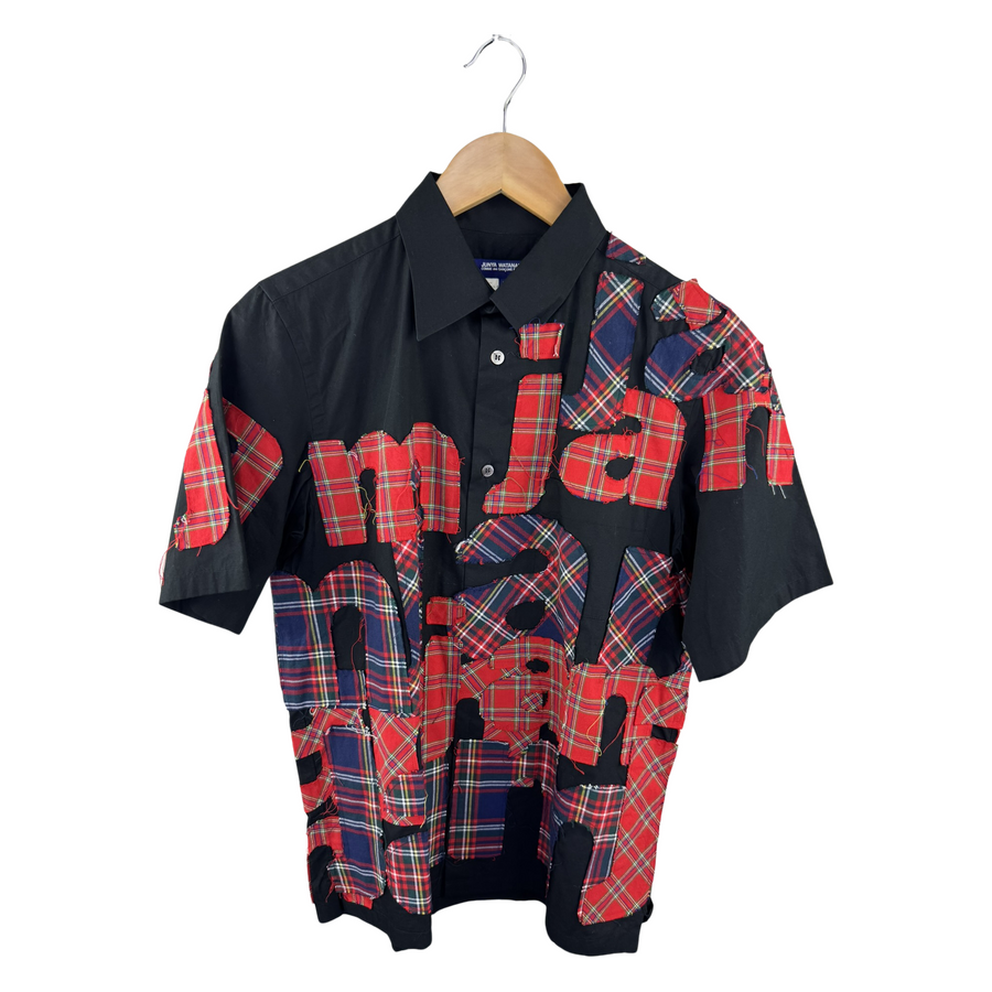 Junya Watanabe MAN Tartan Appliqué Text Shirt — Black Cotton / Royal Stewart Cutout