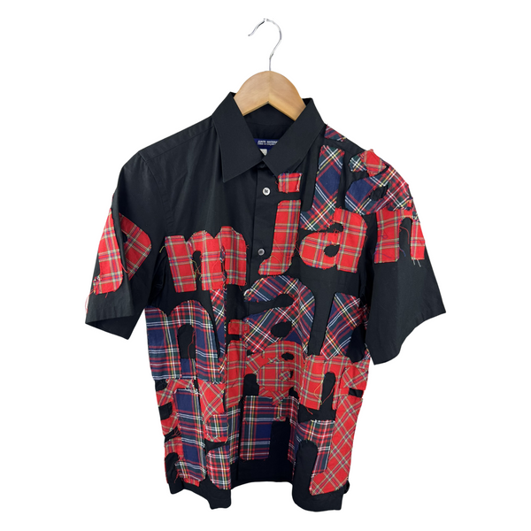 Junya Watanabe MAN Tartan Appliqué Text Shirt — Black Cotton / Royal Stewart Cutout