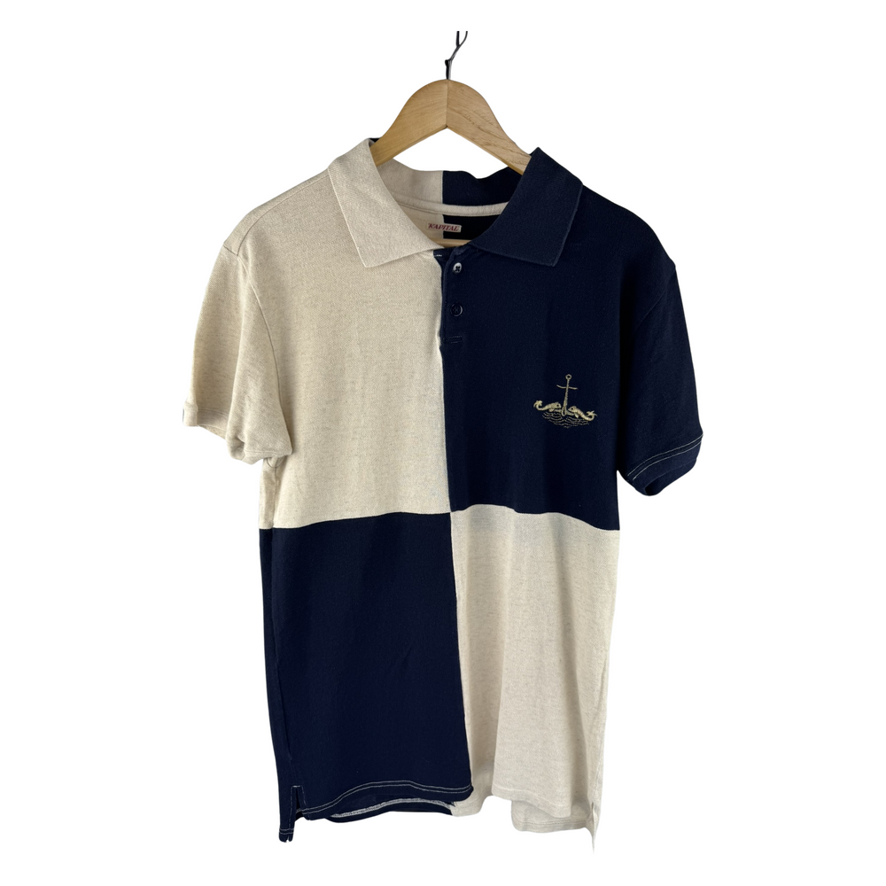 Kapital Two-Tone Piqué Polo — Harlequin Block Navy/Ecru with Anchor Embroidery