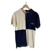 Kapital Two-Tone Piqué Polo — Harlequin Block Navy/Ecru with Anchor Embroidery