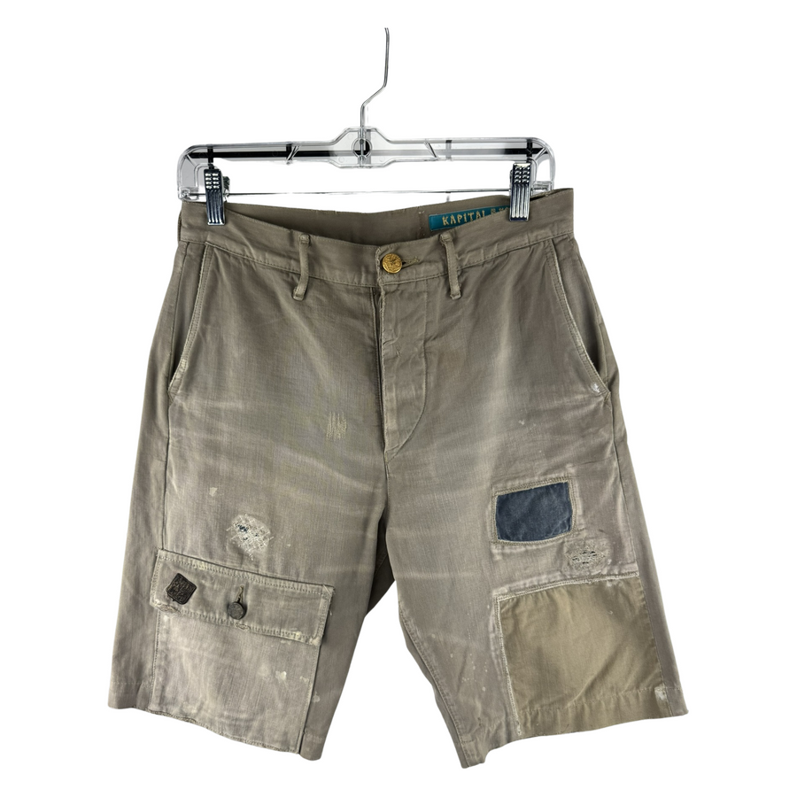 Kapital Boro-Patch Distressed Utility Shorts — Olive Khaki