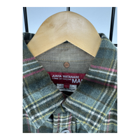 Junya Watanabe MAN Wool Flannel Plaid Overshirt — Contrast Yoke, Olive/Pink