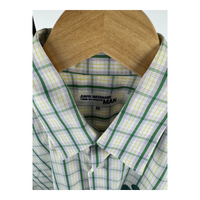 Junya Watanabe MAN CDG Short-Sleeve Shirt — Green/Yellow Plaid with Clover Graphic
