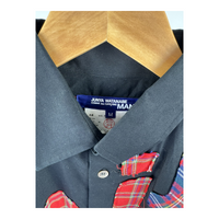 Junya Watanabe MAN Tartan Appliqué Text Shirt — Black Cotton / Royal Stewart Cutout
