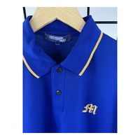 Junya Watanabe MAN Polo Shirt — Royal Blue Piqué with Gold Tipping & Old English M Embroidery