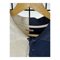 Kapital Two-Tone Piqué Polo — Harlequin Block Navy/Ecru with Anchor Embroidery